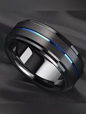 Stainless Steel Men’s Black and Blue Lined Wedding Ring Unisex